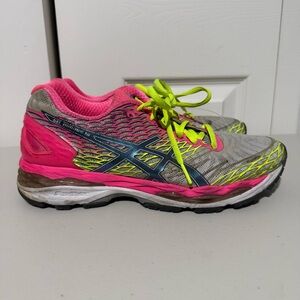 ASICS GEL Nimbus 18 Women Running Shoes Grey Pink Neon Yellow T650N Size 8.5